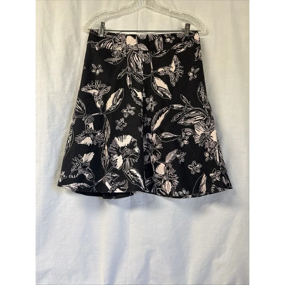 Merona Womens A Line Skirt Size 2 Black Floral Linen Canvas Lined Knee Length